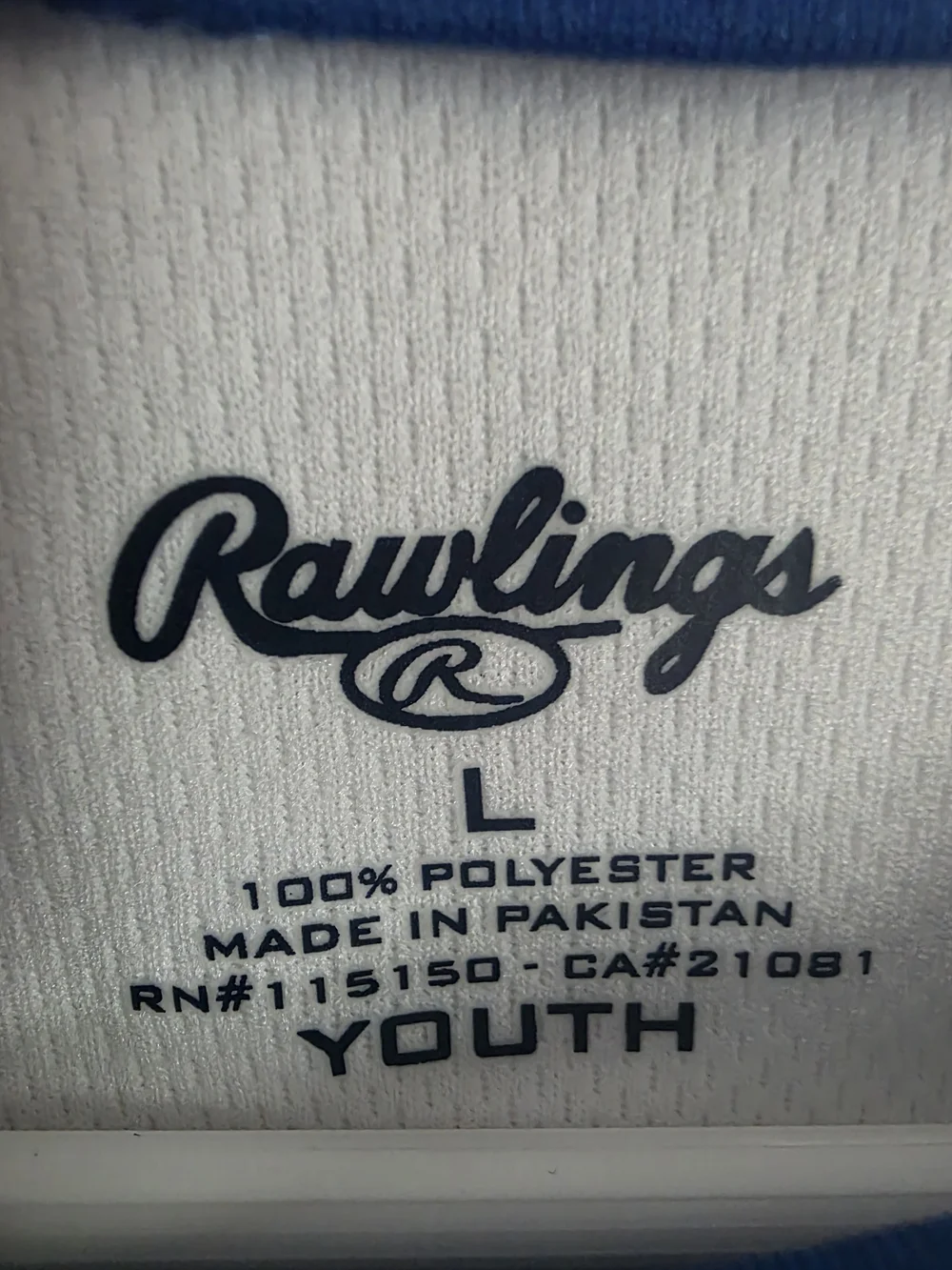 Rawlings White and Blue Raglan Youth Jersey